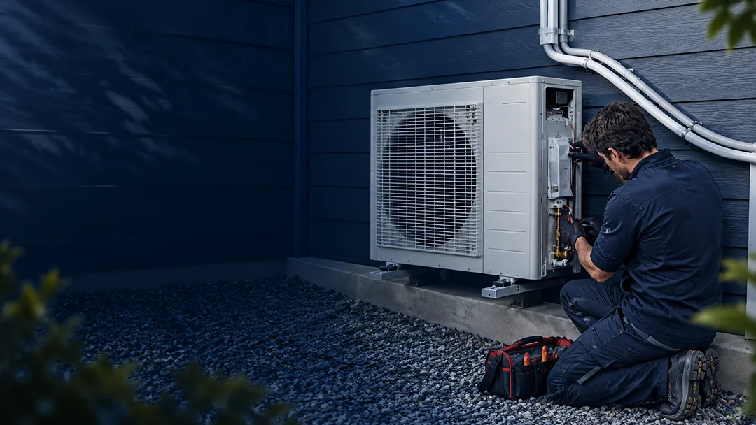technician installing an outdoor unit of a Daikin mini-split air conditioning system